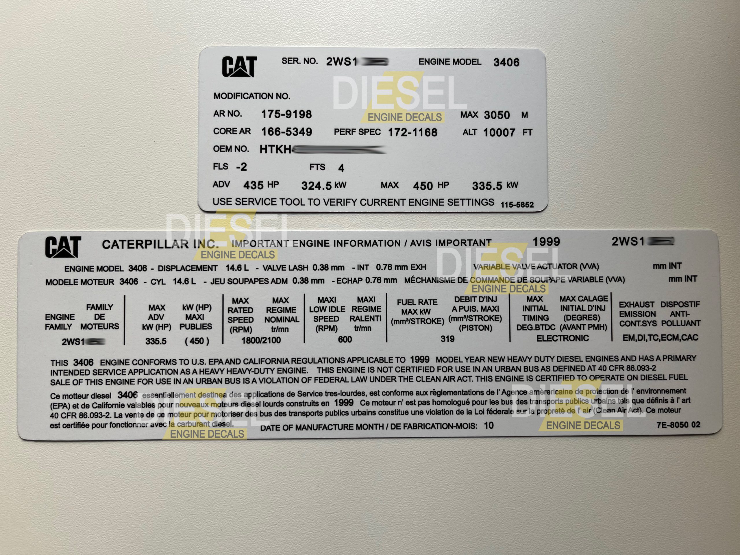 CAT 3406 2WS 14.6L Diesel Engine Valve Cover Sticker Decal 1999 CUSTOM